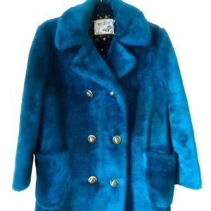 Amazing Vintage Teal Motor Coat By Norlyn Canada Faux Fur Women's Coat Mod Style